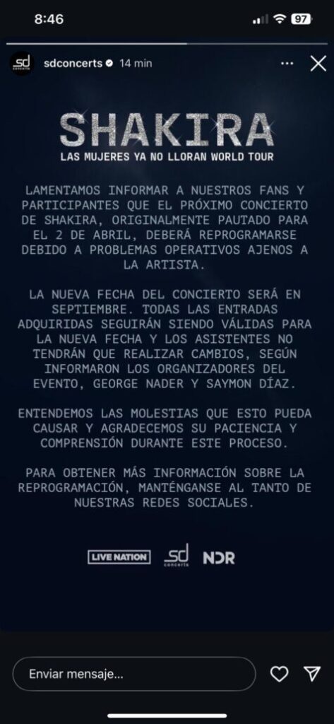 El concierto de Shakira en RD se pospone para septiembre debido a problemas operativos | Último minuto