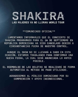 Cancelar el concierto de Shakira en RD por causas externas - Noticias hoy en la República Dominicana | Último minuto