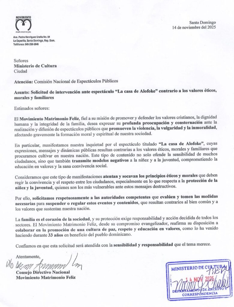 Movimiento Matrimonio Feliz solicita al Ministerio de Cultura intervenir “La Casa de Alofoke 2” por considerarla contraria a los valores éticos y familiares - Noticias de hoy en República Dominicana | último minuto